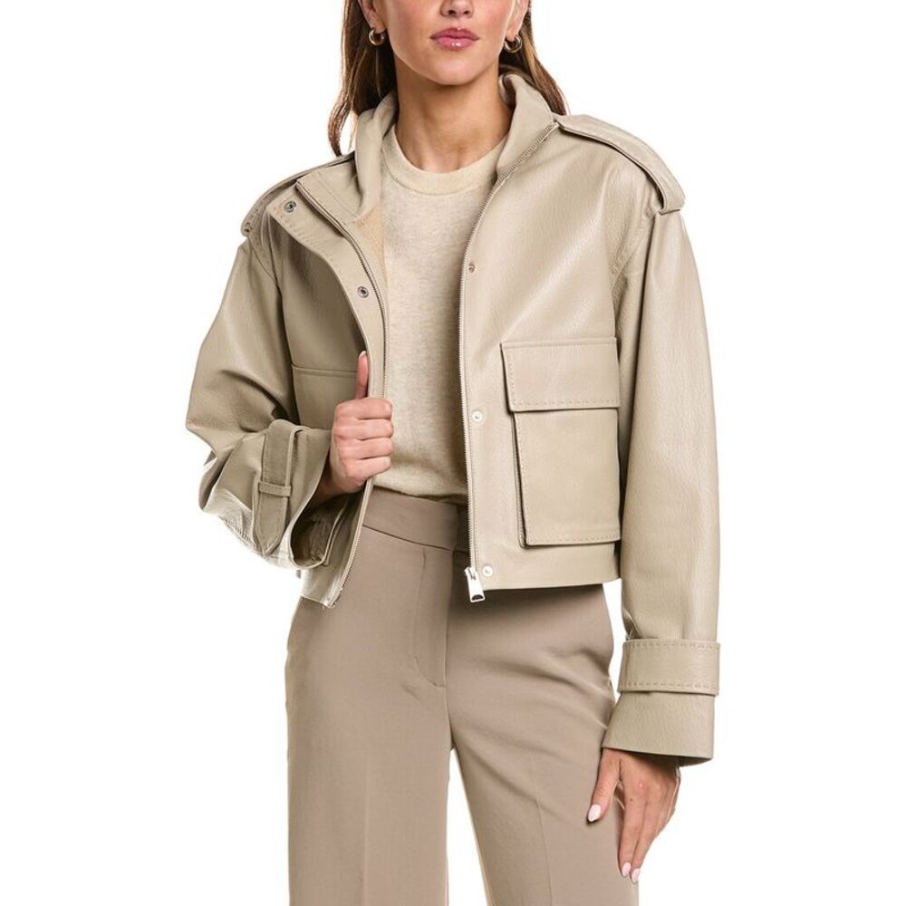 Fleurette Womens  Zip Front Cropped Leather Jacket, Brown
